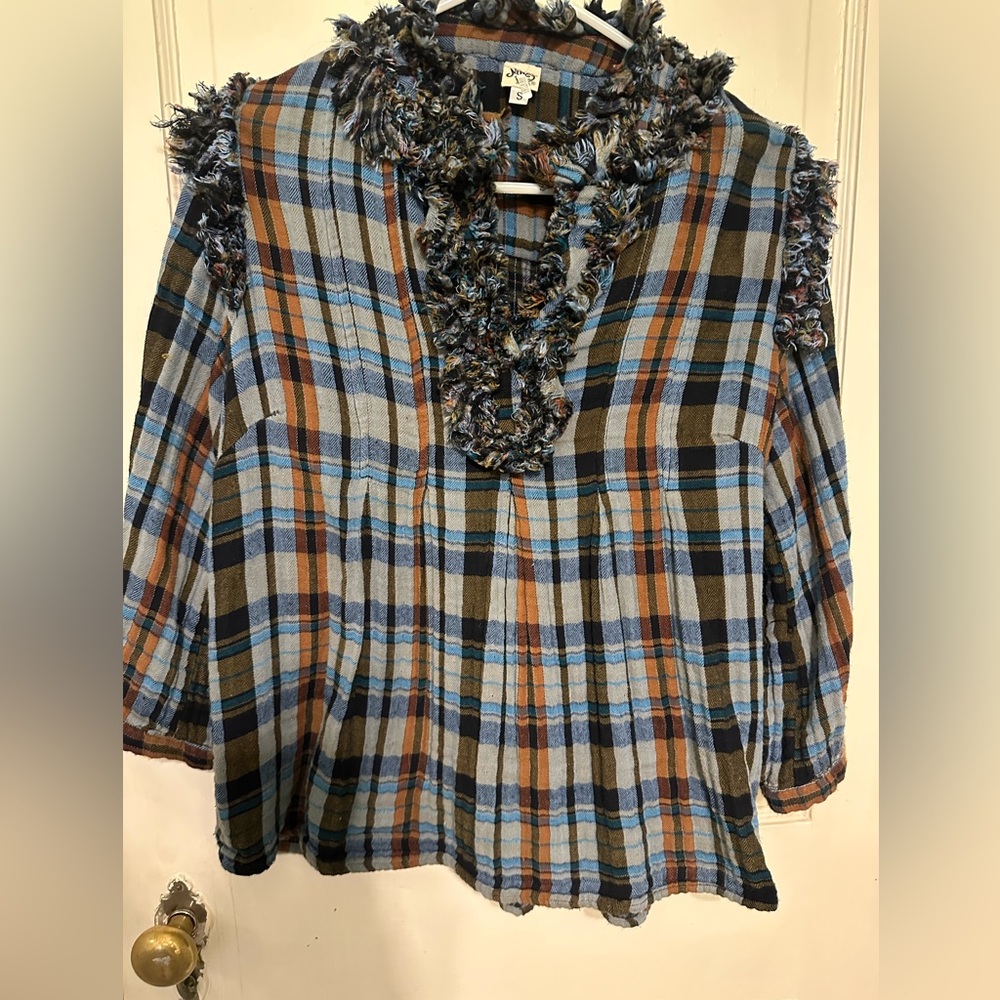 Plaid Women's Top with Fringed Details